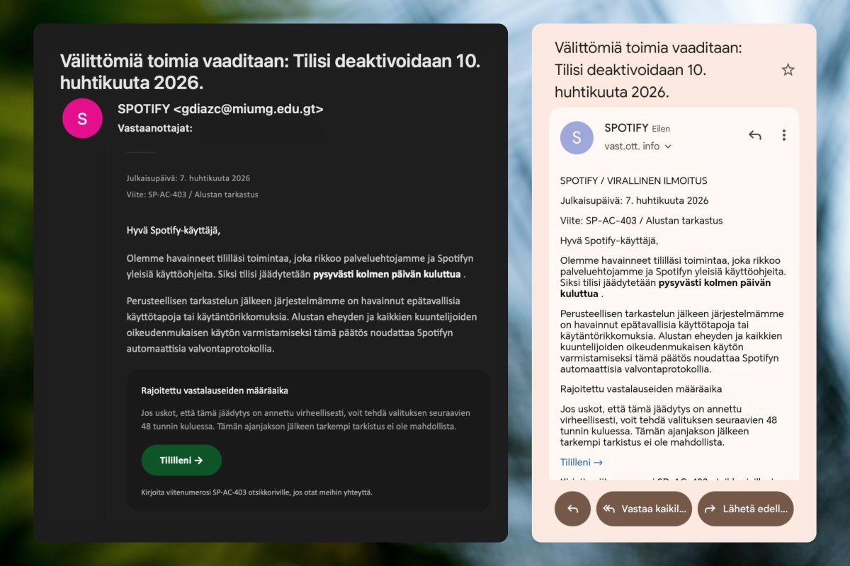 Esimerkkejä Spotify-huijausviesteistä. Kuva: Suomen Telemarkkinointiliitto.