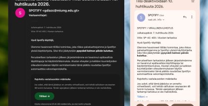 Esimerkkejä Spotify-huijausviesteistä. Kuva: Suomen Telemarkkinointiliitto.