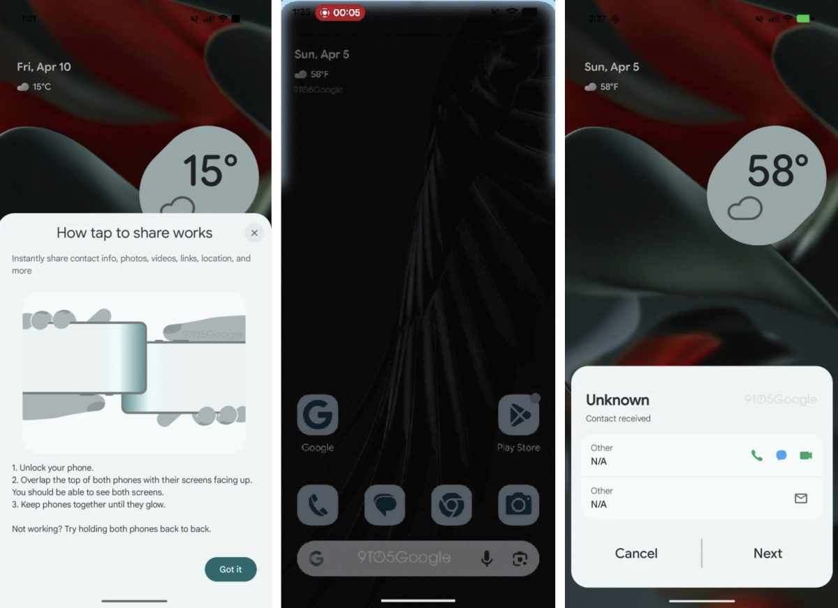 Tap to Sharesta paljastuneita näkymiä. Kuva: 9to5Google.