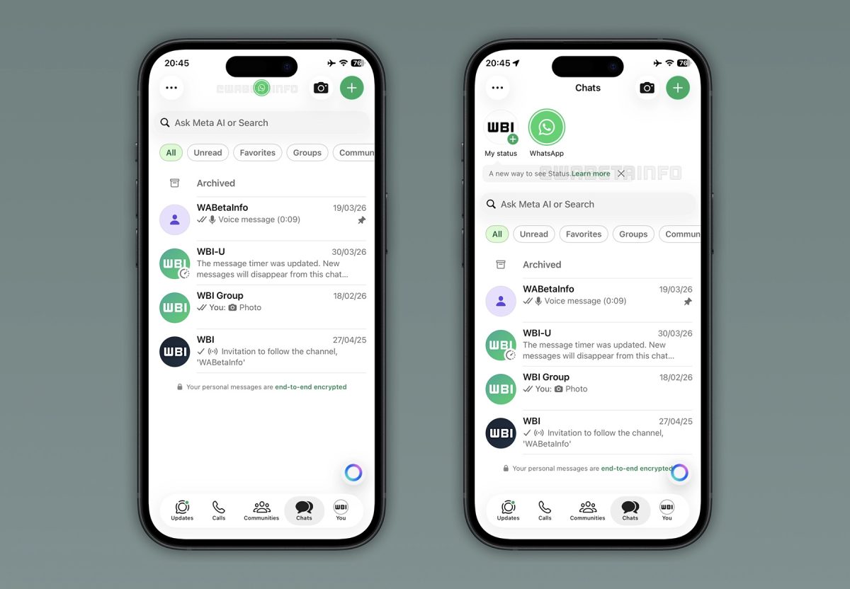 WhatsApp testaa tilapäivitysten listausta Keskustelut-näkymässä. Kuva: WABetaInfo.