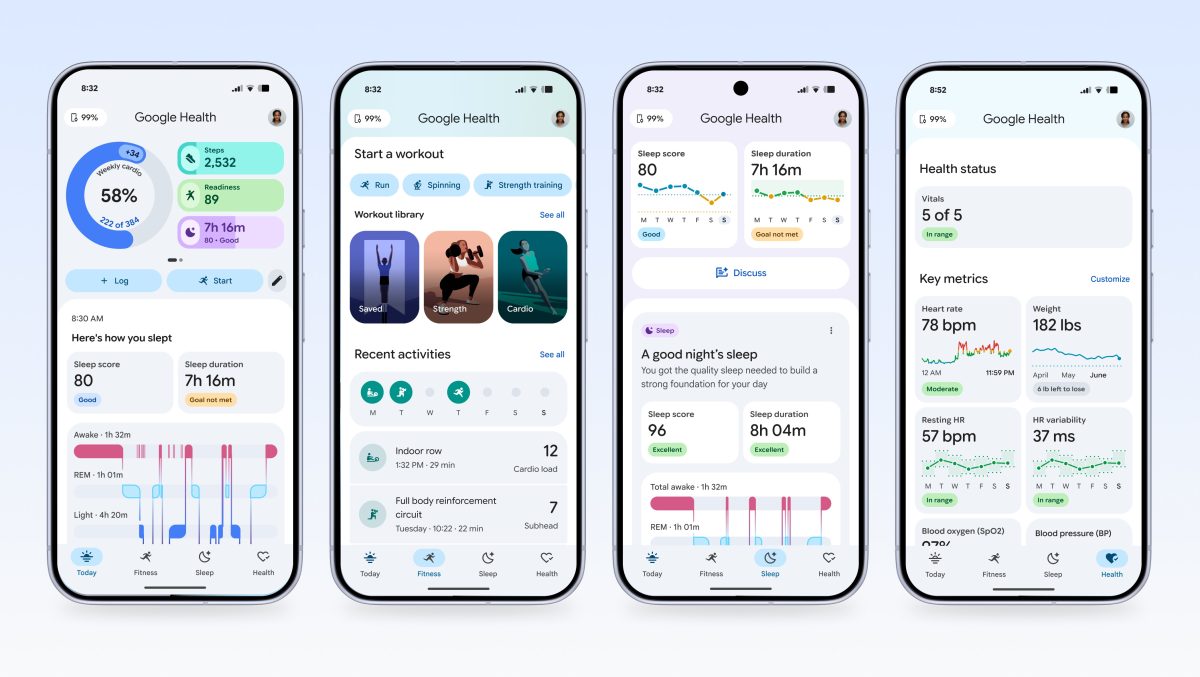 Google Health -sovelluksen neljä näkymää.