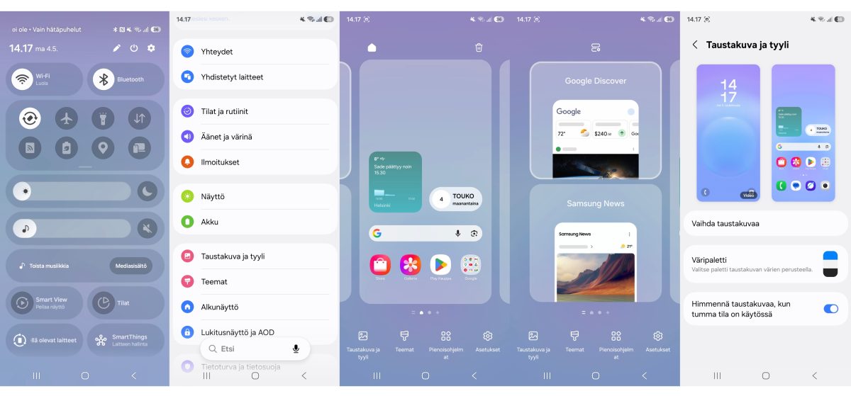 Ruutukaappauksia One UI 8.5 -ohjelmistosta.