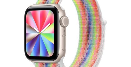 Apple Watch varustettuna uudella Pride Edition Sport Loop ‑rannekkeella.