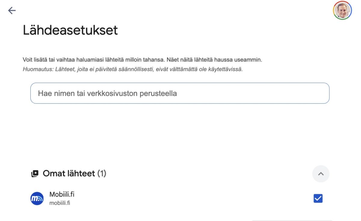 Arvostamiaan lähdesivustoja voi lisätä Google-asetuksissa.
