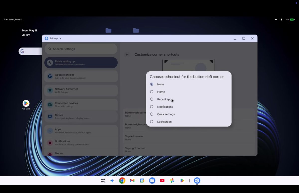 Näytön kulmiin voi asettaa pikavalintoja Googlebookien Android-käyttöjärjestelmässä kuten aiemmin oli mahdollista ChromeOS:ssä. Kuva: Mystic Leaks.