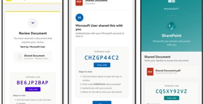 Esimerkkejä tietojenkalasteluviesteistä, joissa uhri ohjataan kirjautumaan Microsoftin Device code -sivulle. Kuva: Kyberturvallisuuskeskus.