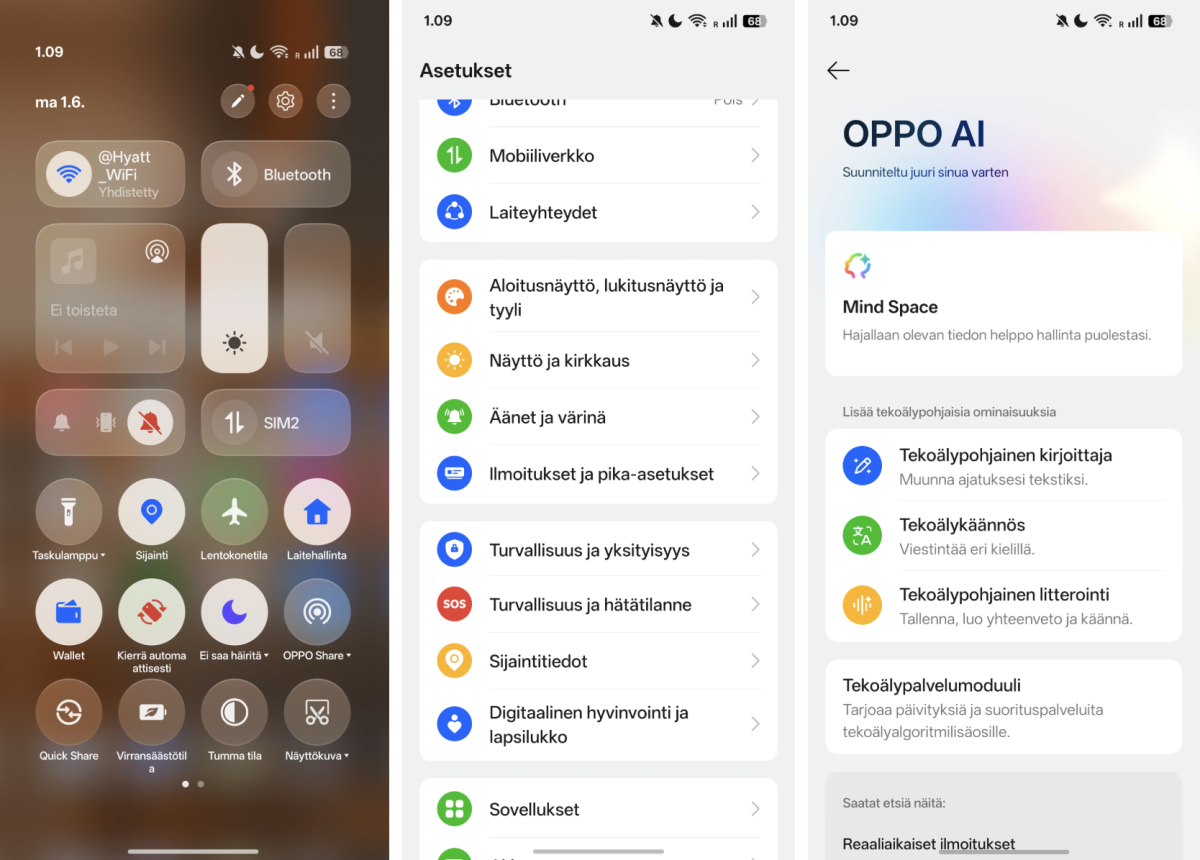 ColorOS:n pika-asetusnäkymä, Asetukset ja Oppo AI -esittelynäkymä Oppo Find X9 Ultrassa.