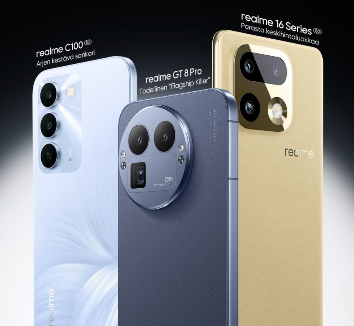 Realmen 18. toukokuuta Suomessa julkaistavia puhelimia ovat Realme C100 5G, Realme GT 8 Pro sekä Realme 16 -sarja.