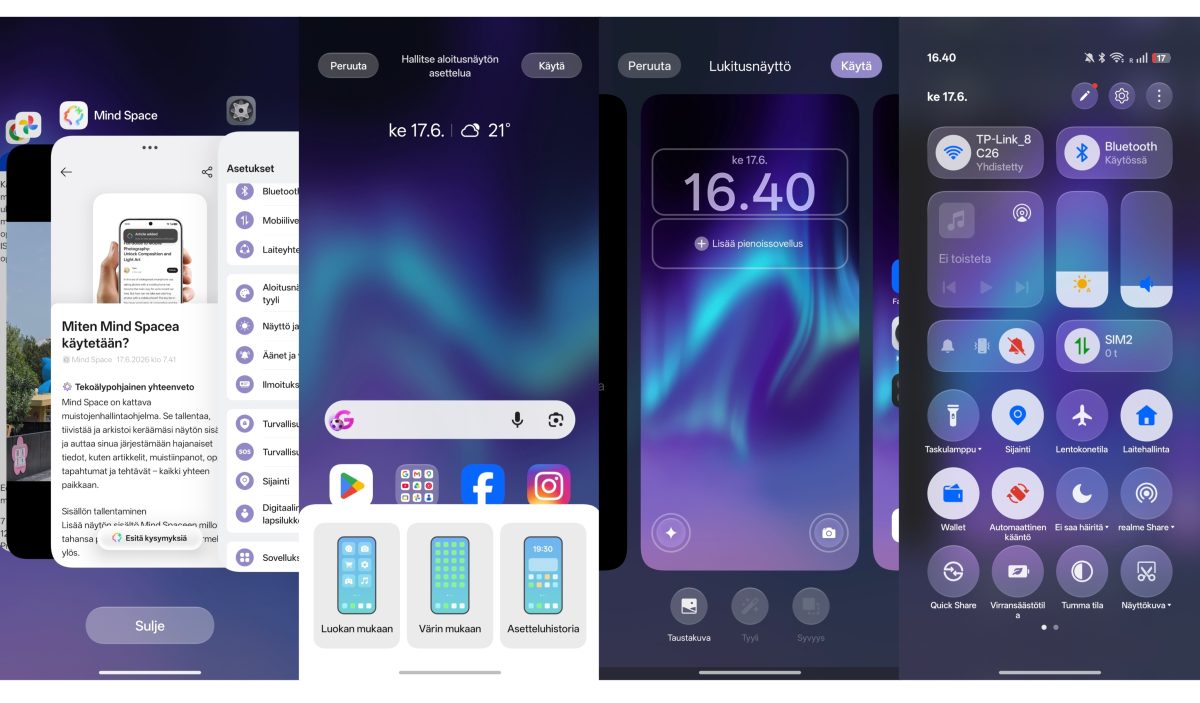 Ruutukaappauksia Realme GT 8 Pron käyttöliittymästä.