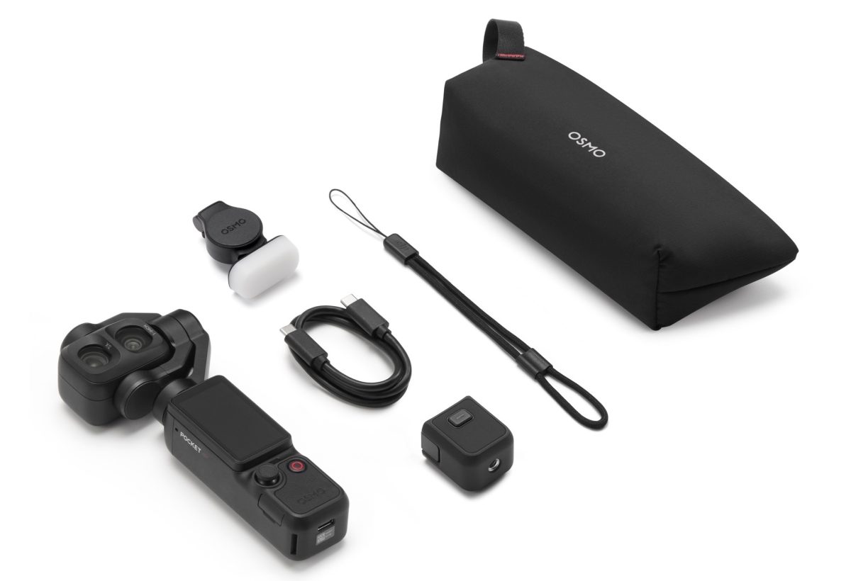 DJI Osmo Pocket 4P:n standardipaketin varustus.