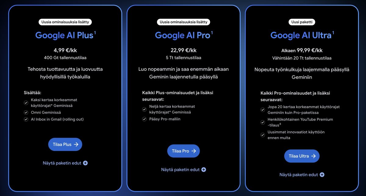 Google AI Plus on nyt halvempi ja sisältää tuplamäärän pilvitallennustilaa.
