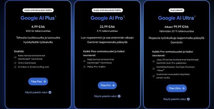 Google AI Plus on nyt halvempi ja sisältää tuplamäärän pilvitallennustilaa.