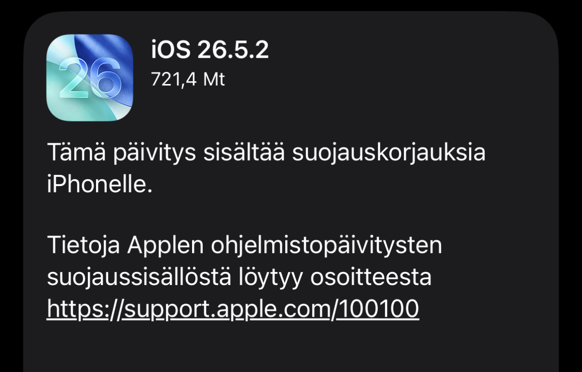 iOS 26.5.2 on nyt ladattavissa.