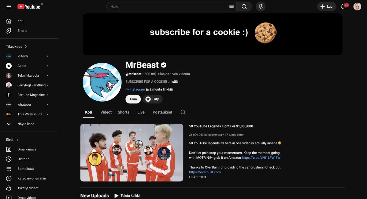 MrBeast ylitti 500 miljoonan tilaajan rajan.