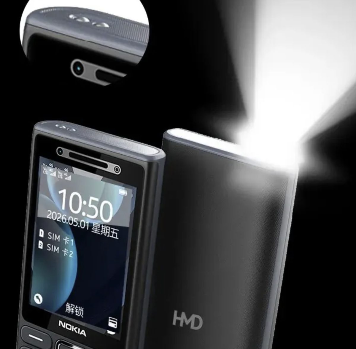 Nokia 200 4G:ssä ei ole takakameraa. Mukana on kuitenkin tehokas taskulamppu.