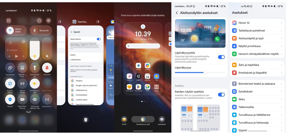 Ruutukaappauksia MagicOS 10 -ohjelmistosta.