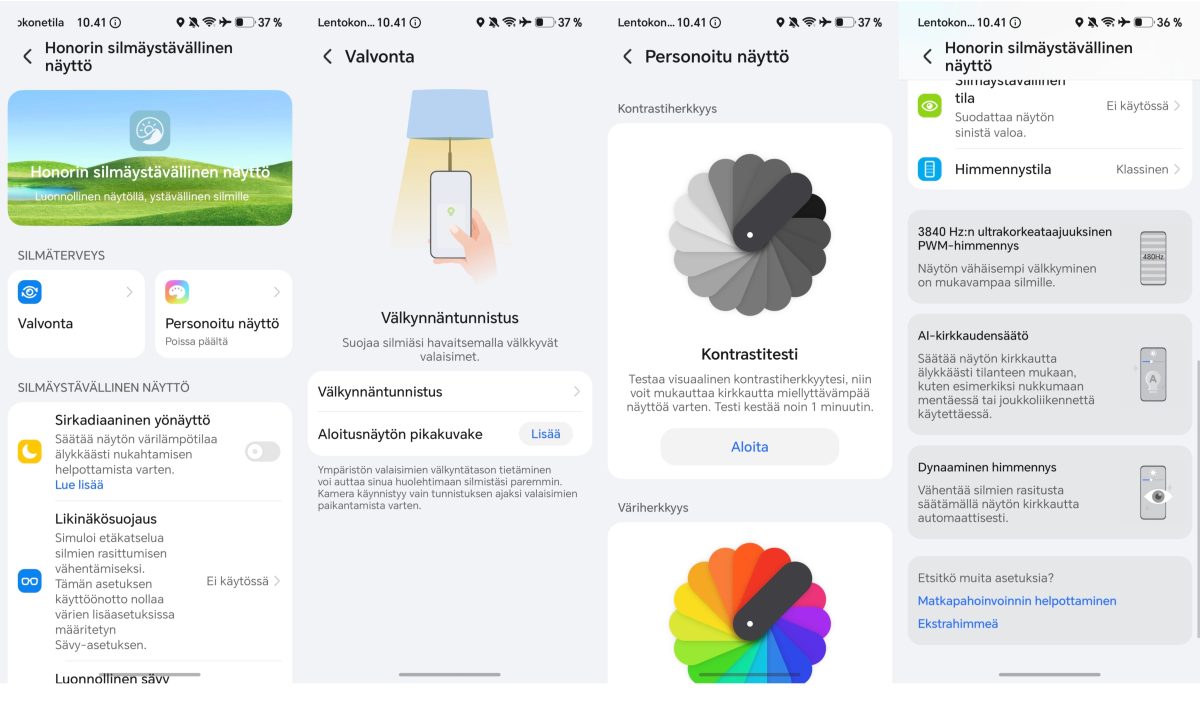 Silmien hyvinvointiin tarkoitettuja toimintoja.