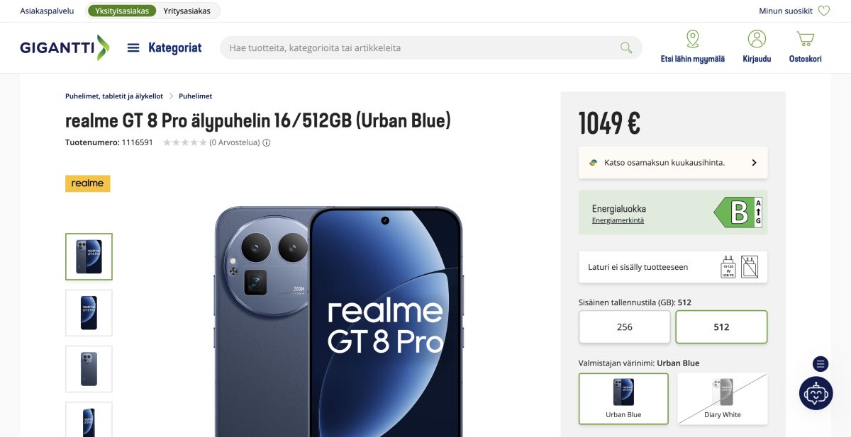 Realme GT 8 Pro Gigantin valikoimissa.
