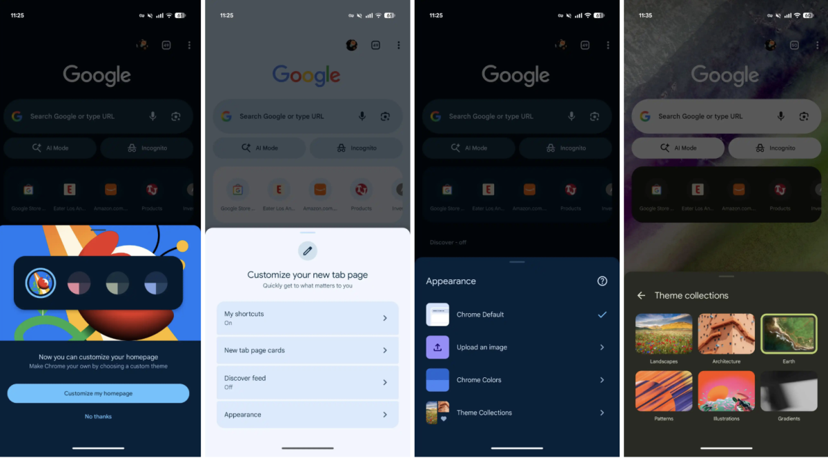 Google Chrome saa kustomoitavan uuden välilehden taustan myös Androidilla. Kuvat: 9to5Google.