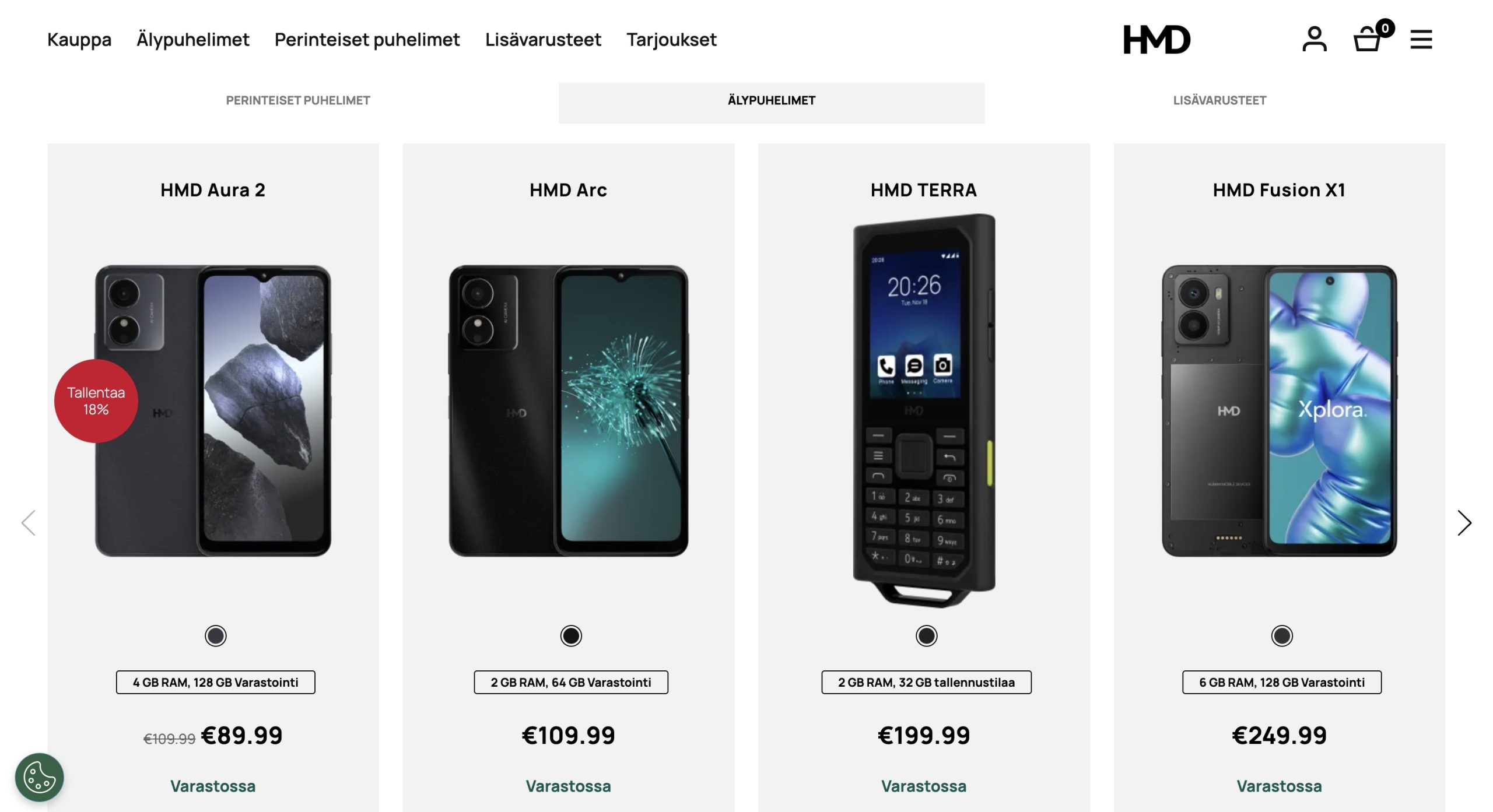 HMD:n verkkokaupan tarjontaa. Kaupan käännöstyötä ei ole tehty kovin huolellisesti: kuvassa punaisella on merkitty tarjous saatesanoilla "Tallentaa 18%". Käännös englannista ei ole mennyt tässä ihan nappiin!