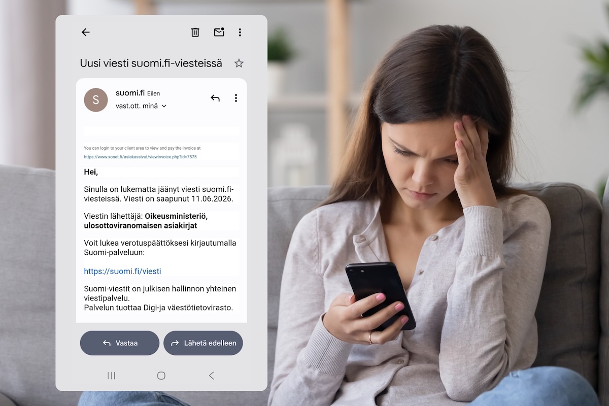 Suomen Telemarkkinointiliiton Kilpi-sovelluksen kautta on raportoitu esimerkiksi ulosottoteemaisista huijausviesteistä. Kuva: Suomen Telemarkkinointiliitto.