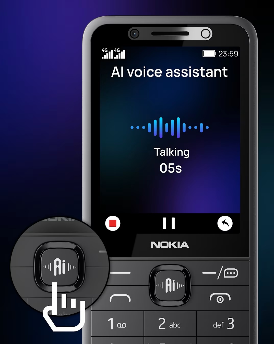 Uusissa Nokia-peruspuhelimissa on AI-painike. Kuvassa Nokia 215 4G 2nd Edition.