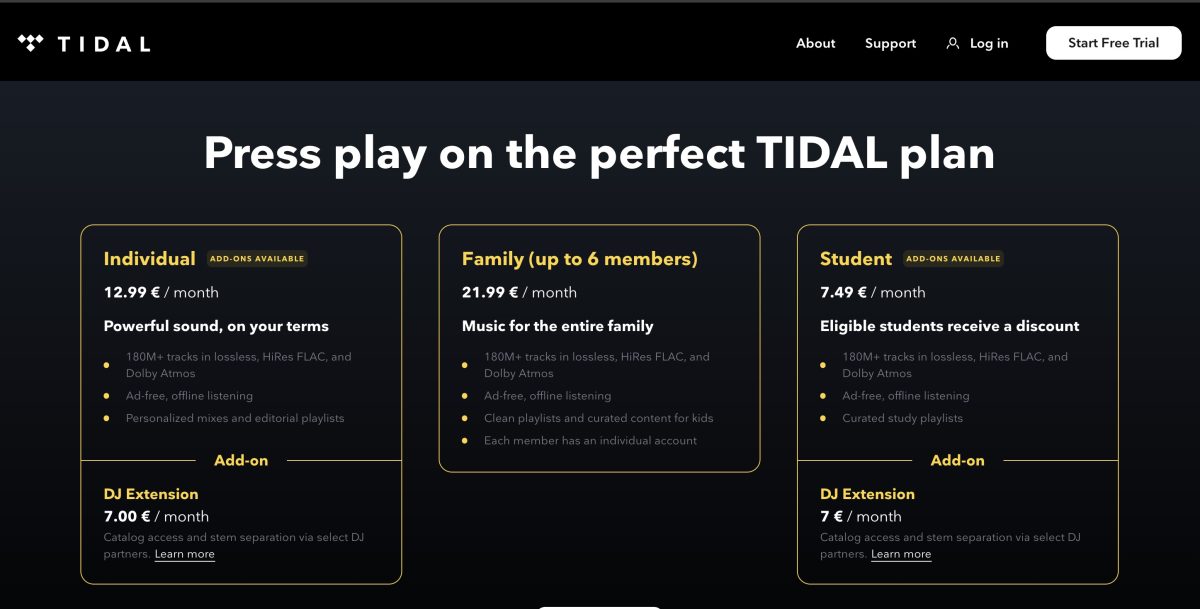 Tidalin uudet hinnat.