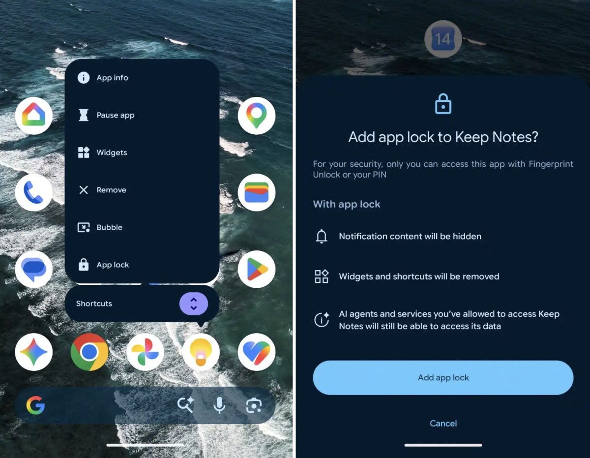 Android 17 QPR2 sisältää App Lock -ominaisuuden sovellusten erilliseksi lukitsemiseksi. Kuvat: 9to5Google.