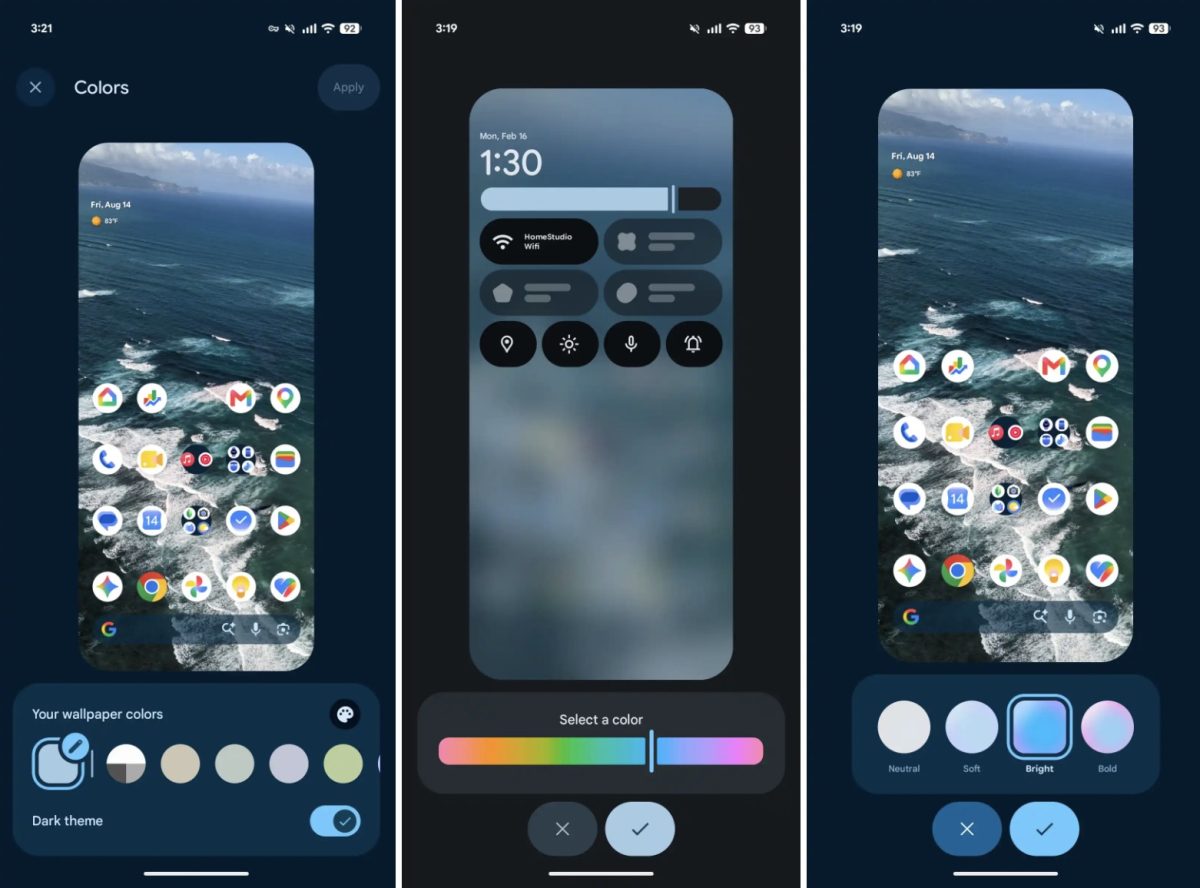 Android 17 QPR2 antaa vapaasti valita käyttöjärjestelmän teemavärin. Kuvat: 9to5Google.