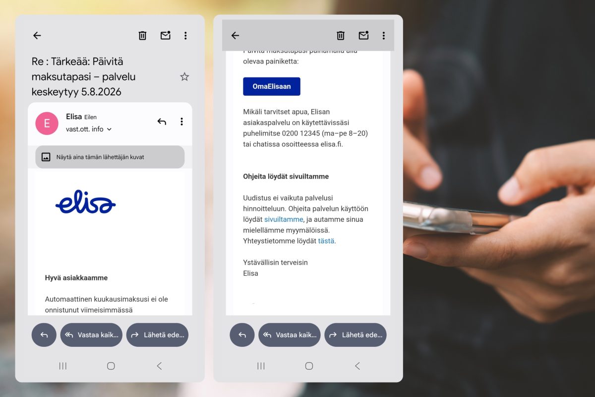 Elisa-huijausviesti leviää nyt laajasti. Kuva: Suomen Telemarkkinointiliitto.