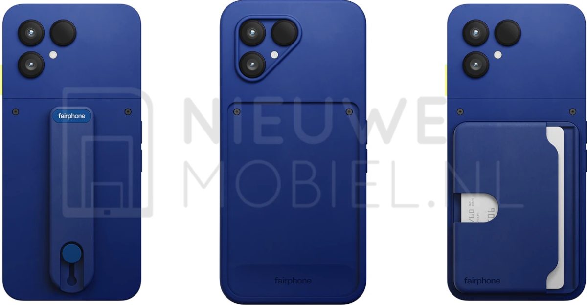 Fairphone (Gen. 6+) uudessa Cobalt Blue -värissä lisävarusteiden kera. Kuva: NieuweMobiel.nl.