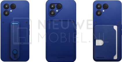 Fairphone (Gen. 6+) uudessa Cobalt Blue -värissä lisävarusteiden kera. Kuva: NieuweMobiel.nl.