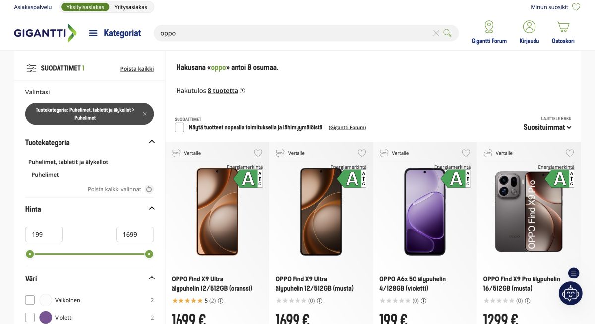 Oppo-puhelimia Gigantin valikoimissa.
