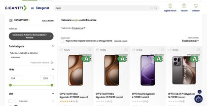 Oppo-puhelimia Gigantin valikoimissa.