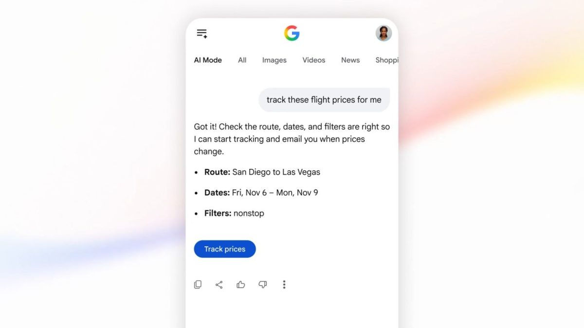 Google-haun AI-tilan kautta voi jatkossa esimerkiksi pyytää seuraamaan lentojen hintoja.