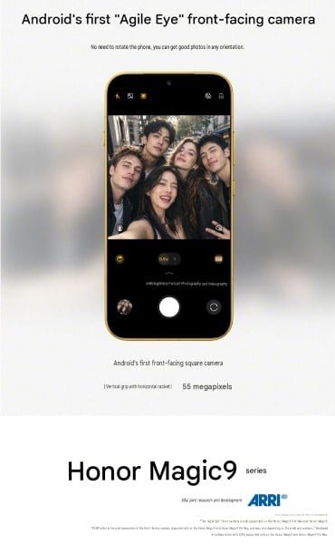 Honor Magic9 -sarja sisältää 55 megapikselin neliömäisen etukameran.