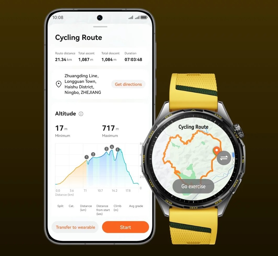 Huawei Watch GT 7 -kellot ja Huawei Health tarjoavat tietoja pyöräilyreitin nousuista. Kuvassa Huawei Watch GT 7.