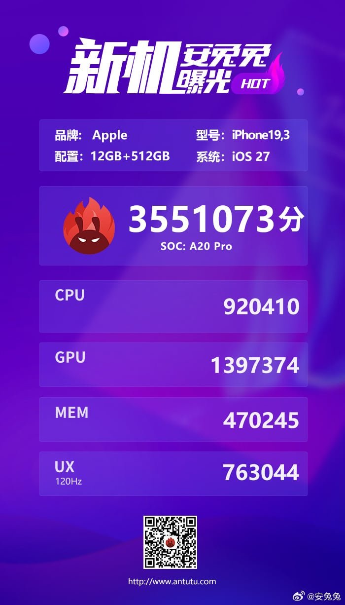 iPhone 18 Pro Maxin AnTuTu-suorituskykytestitulos.