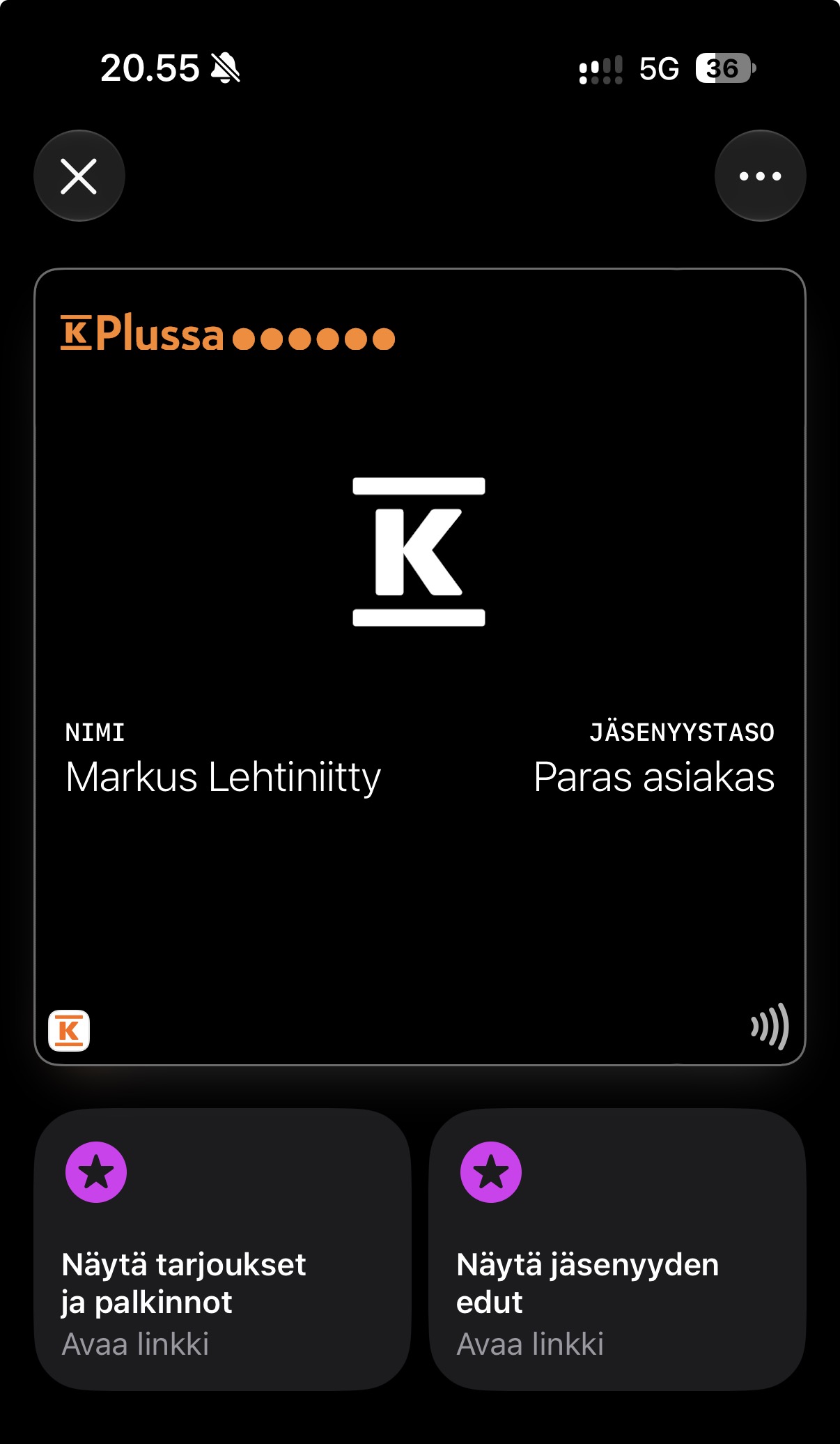 Plussa-kortti Applen Lompakossa.