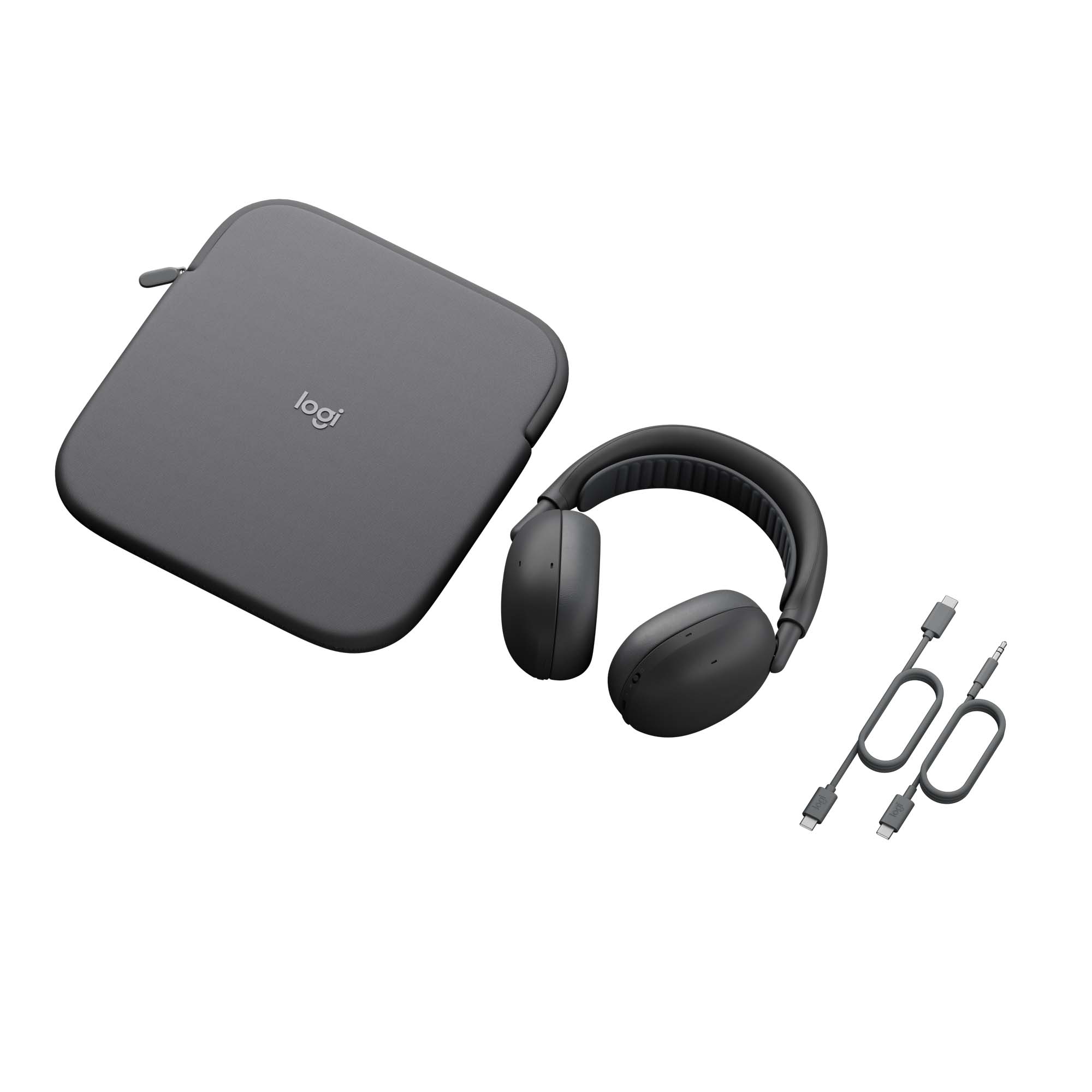 Logitech Zone Vibe Pro -kuulokkeiden mukana toimitetaan kotelo ja kaapelit.