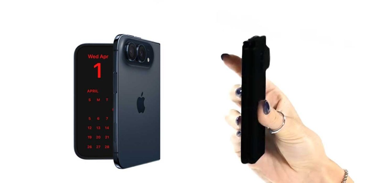 Kuvassa vasemmalla iPhone Duo ja oikealla kuvankaappauksessa Motorolan videolta vihjaus sen tulevasta uutuudesta.
