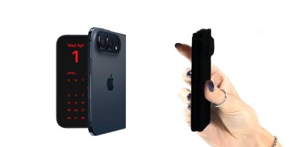 Kuvassa vasemmalla iPhone Duo ja oikealla kuvankaappauksessa Motorolan videolta vihjaus sen tulevasta uutuudesta.