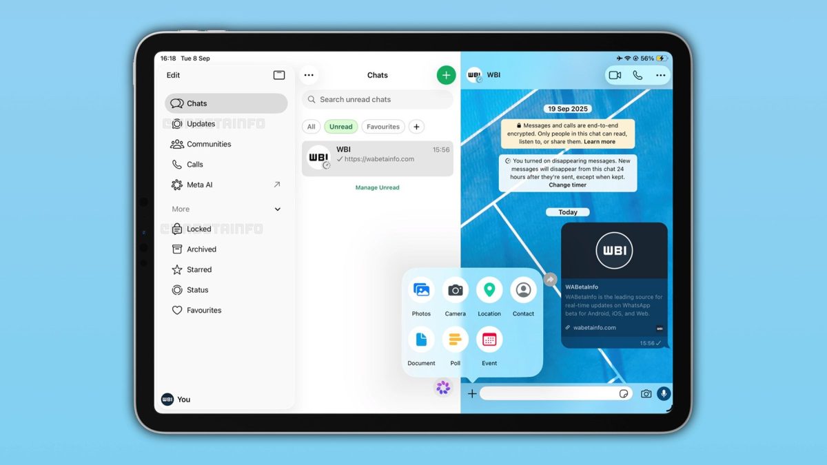 WhatsApp iPadeissa saa uuden sivupalkin. Kuva: WABetaInfo.