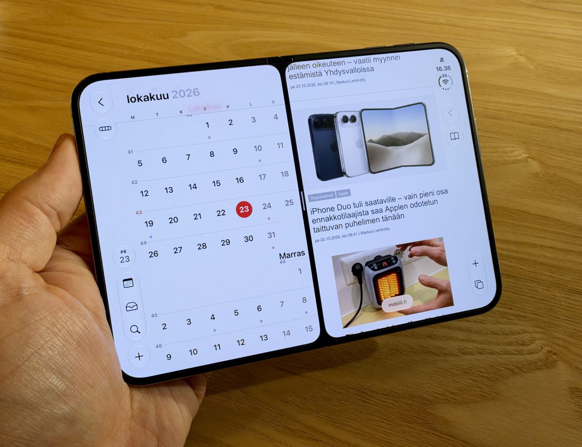 Moniajo iPhone Duossa on erittäin toimivaa mutta pelkistettyä. Kaksi sovellusta voi avata rinnakkain, mutta kokoa ei voi muuttaa. Kuvassa Kalenteri ja Safari.