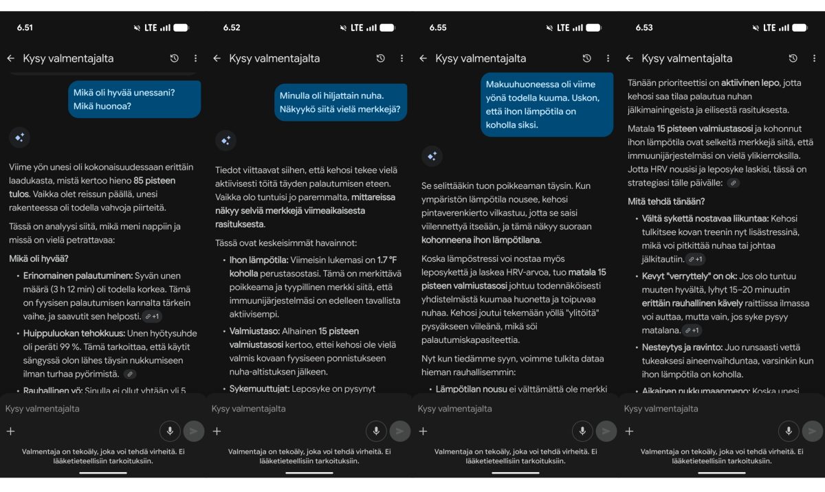 Keskustelua Google Healthin tekoälyvalmentajan kanssa.