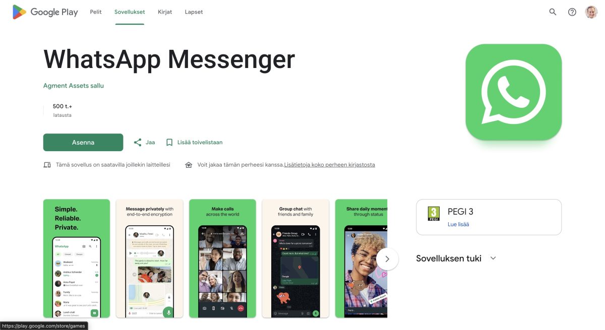 Väärennetty WhatsApp Google Playssa. Sovellus löytyi kaupasta vielä artikkelin julkaisuhetkellä.