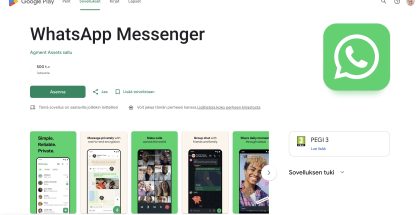 Väärennetty WhatsApp Google Playssa. Sovellus löytyi kaupasta vielä artikkelin julkaisuhetkellä.