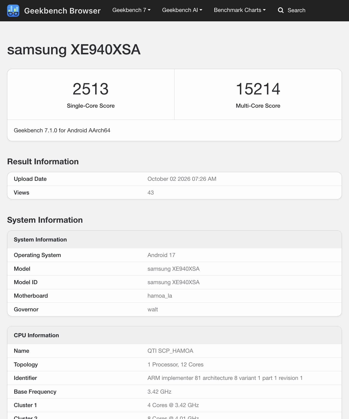 Geekbenchistä paljastunut Samsungin tuleva Googlebook-läppäri.