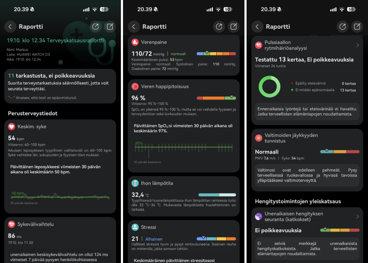 Terveyskatsauksen tietoja Huawei Healthissa.