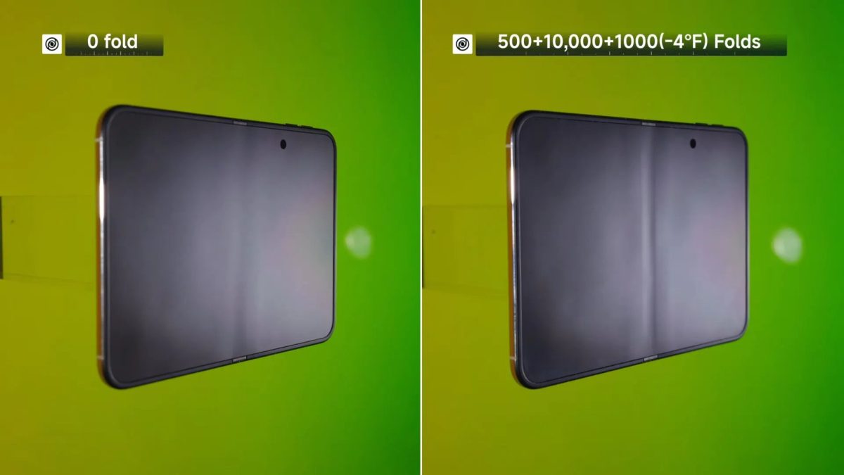 iPhone Duon näytön taitoskohdan juova syveni selvästi taitosten seurauksena. Kuvankaappaus Tim Panin YouTube-videolta.